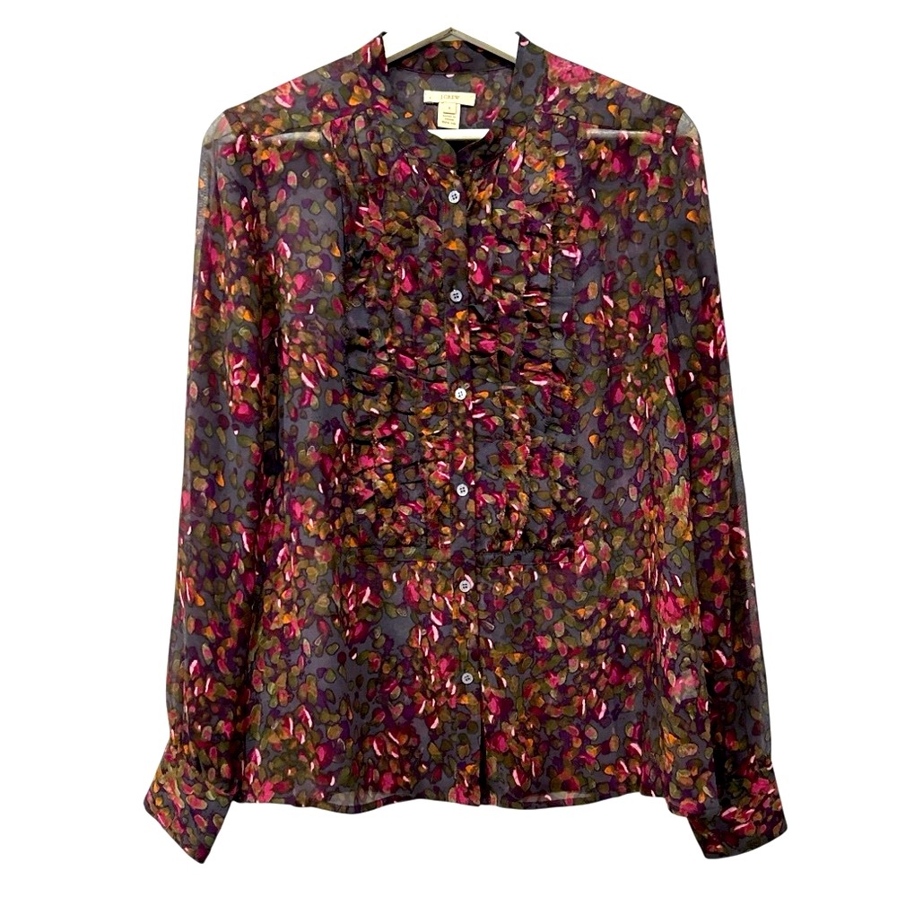 J. Crew Silk Floral Blouse Ruffle Placket Button Front Bayberry Flouncette 6 - Picture 2 of 11
